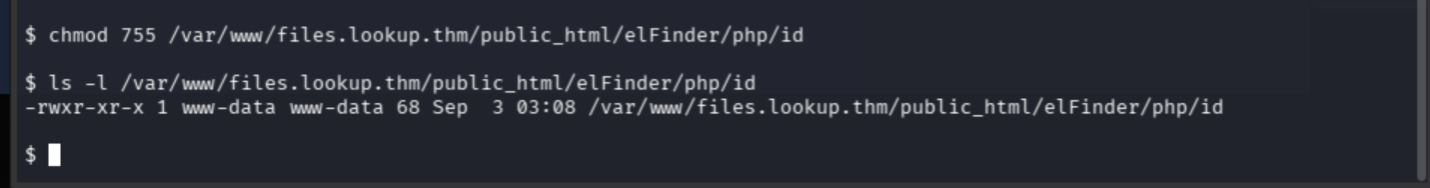 Permission check confirming executable numeric permissions on the replacement id file